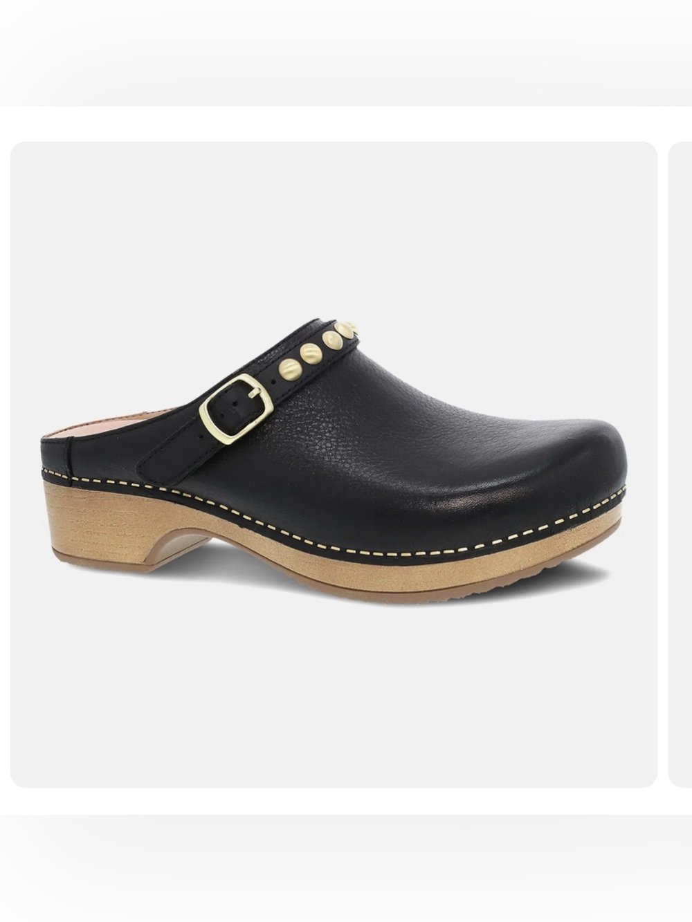 Dansko Black Leather Studded Clog Mule with Gold Buckle